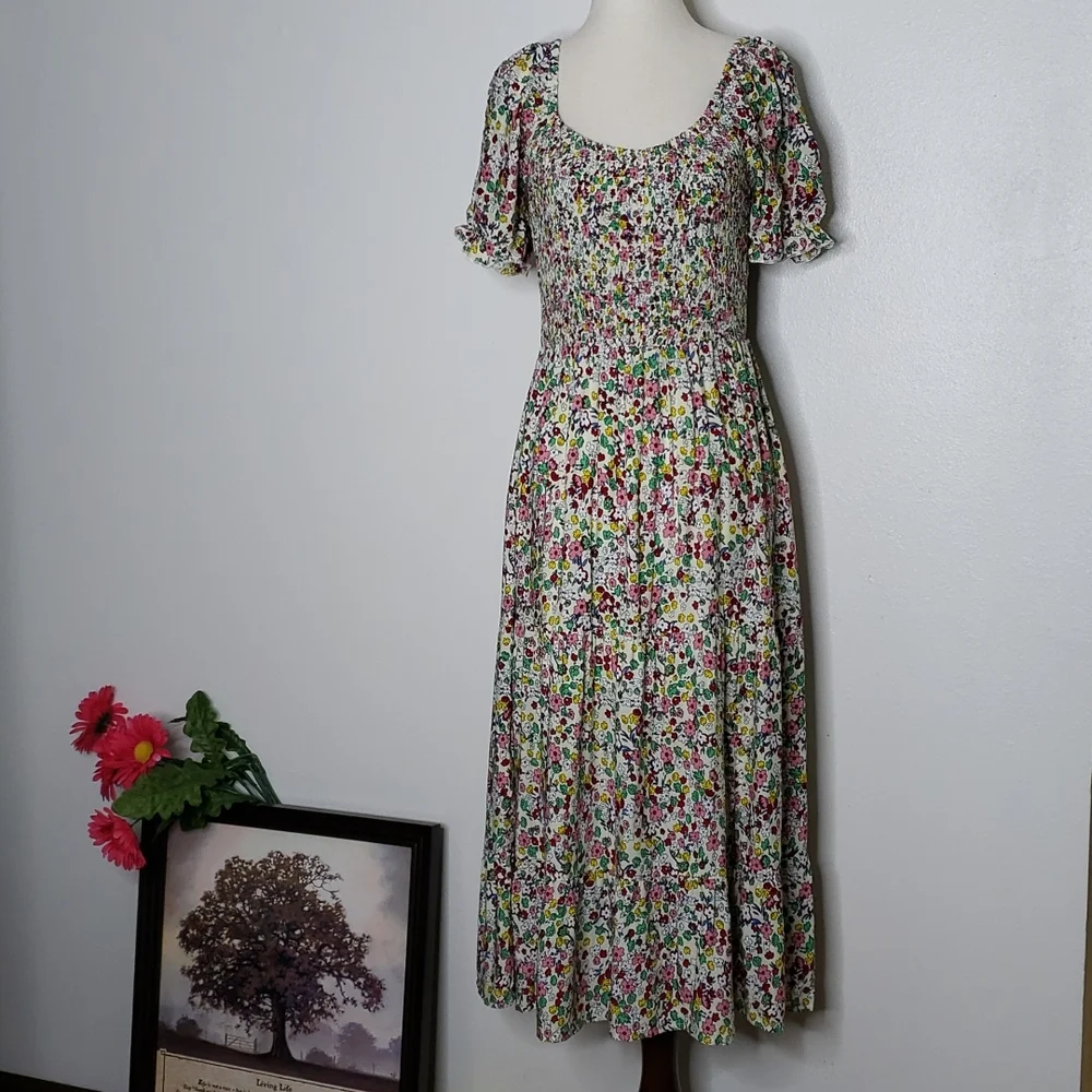 Boutique Boho Summer Floral Midi Dress Ruffle Calico Smocking Bohemian - Picture 5 of 14